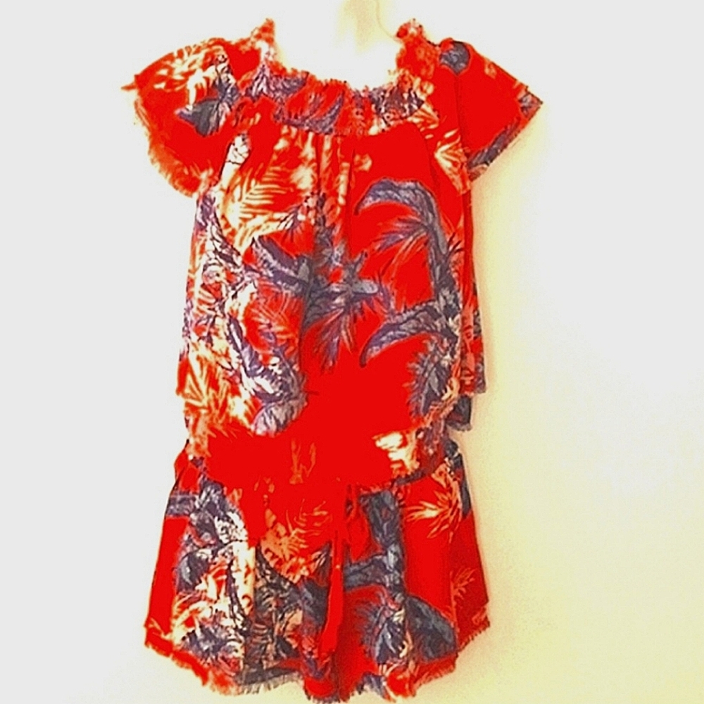 Top + Shorts Set Tropical Floral Flowers Red Blue India Rayon Small + Medium NWT